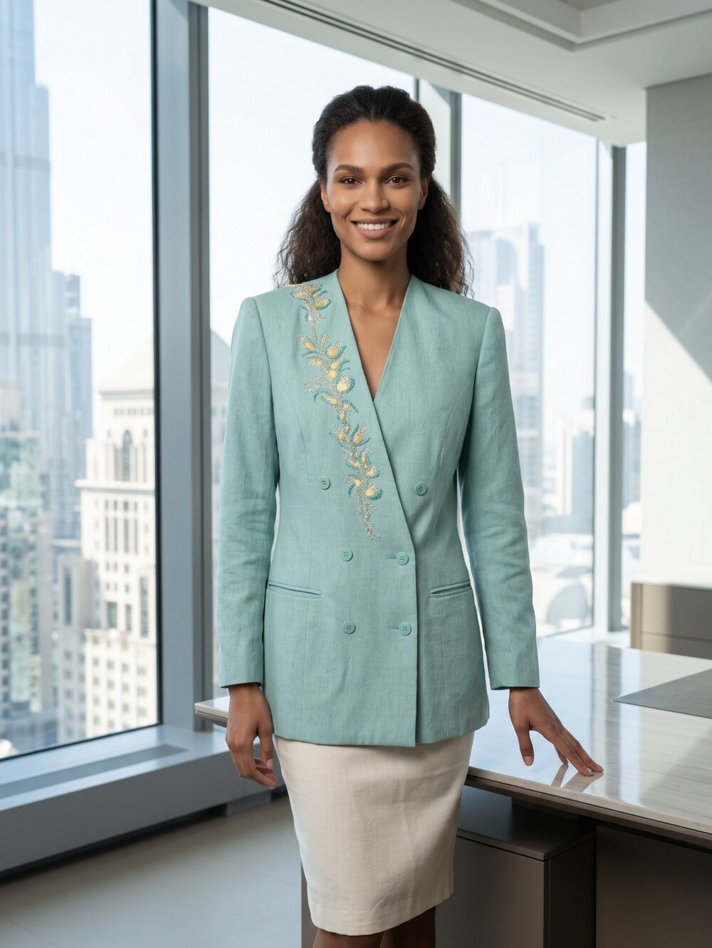 Mint Double-Breasted Embellished Blazer Jacket - And Cream Sheath Dress
